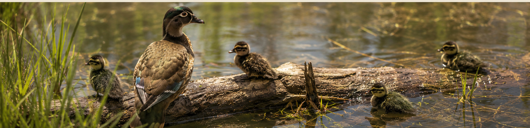 A wood duck hen with ducklings on a log